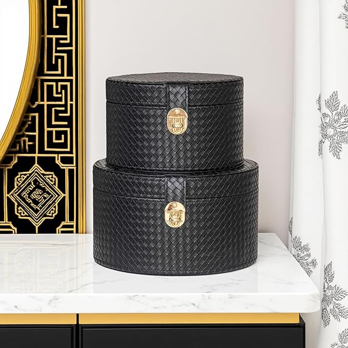 Large Leather Decorative Boxes Set of 2 Round Hat Box Bin Basket with Lid for Shelf Coffee Table Storage Remotes Modern Home Decor (black)