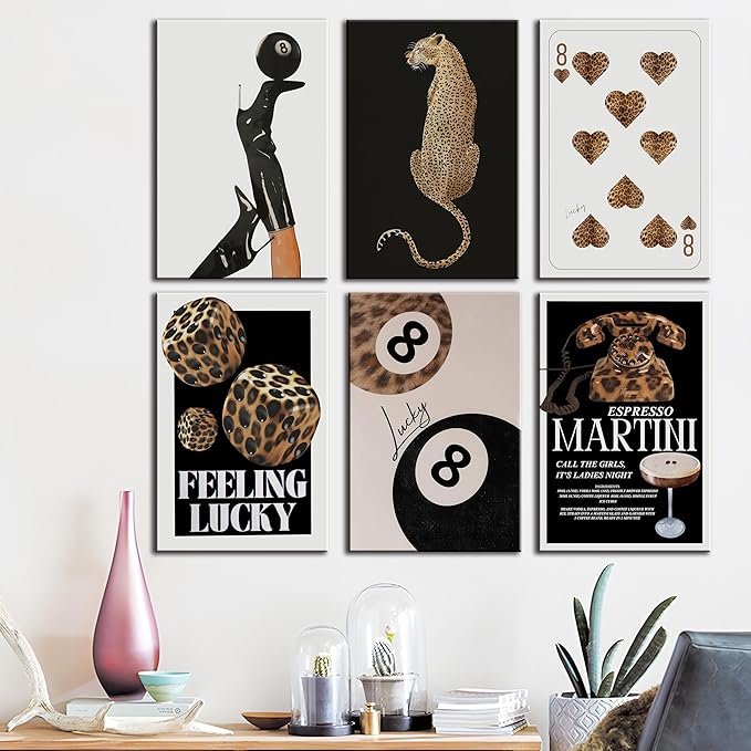 ZxXzkwpP Black Cheetah Print Room Decor Poster, Trendy Red Fashion Leopard Print Wall Art Aesthetic Lucky 8 Ball Poster Coquette Preppy Y2k Red Funky Art For Bedroom (Black 12x18x6 Framed)
