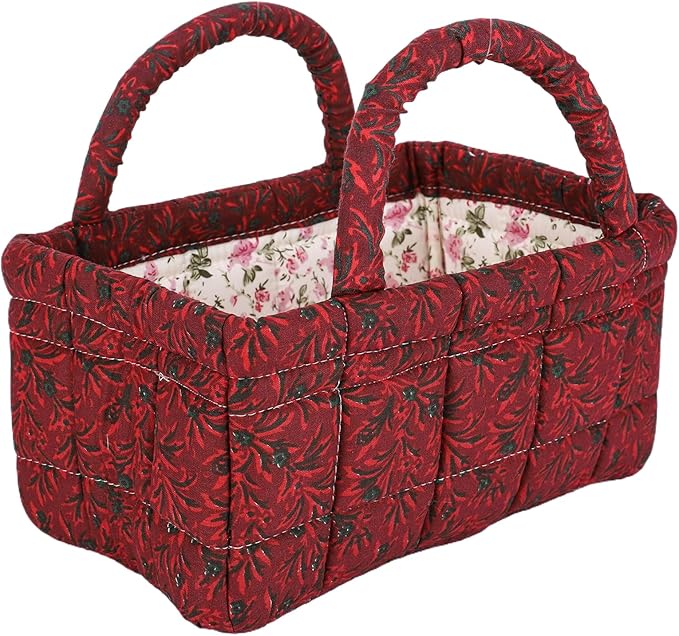 Mini Storage Basket, Small Quilted Boho Fabric Organizer Bin with Handle, Portable Collapsible Basket for Socks, Keys, Diaper