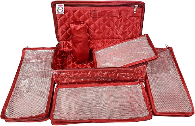 atorakushon Satin Maroon Make-Up Pouch Jewellery Box 4 Pouch 1 roll Bangle in Cosmetic Bag Necklace Earrings Vanity Jewellery Organiser For Women's