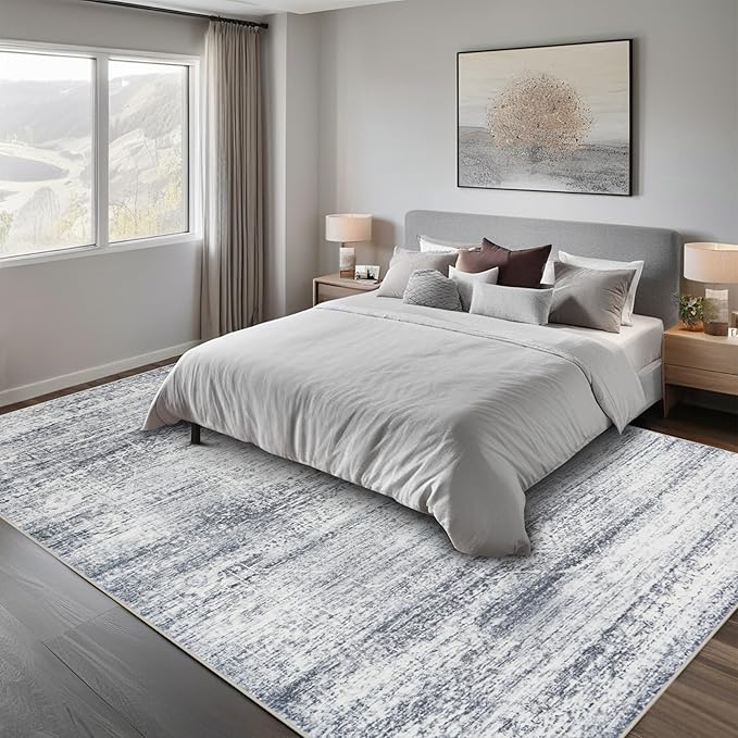 Srugn Washable Rugs 5x7 Area Rugs for Living Room,Rugs for Bedroom,Large Carpets,Ultra Soft Faux Wool Retro Dining Room Rug,Non Slip&Non-Shedding Low Pile Vintage Print Rug for Home Office-Grey Cream