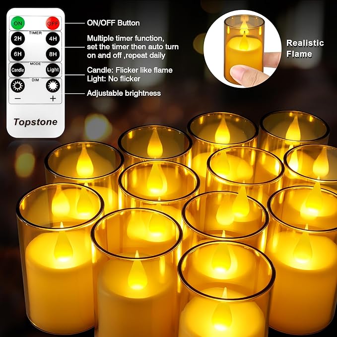 Topstone LED Pillar Candles with Remote Control - 3" x 2" Flameless Battery Operated Candles,Timer & Dimmer, Warm Yellow Flickering Light for Home Decor, Wedding, Centerpiece (12 Pack)
