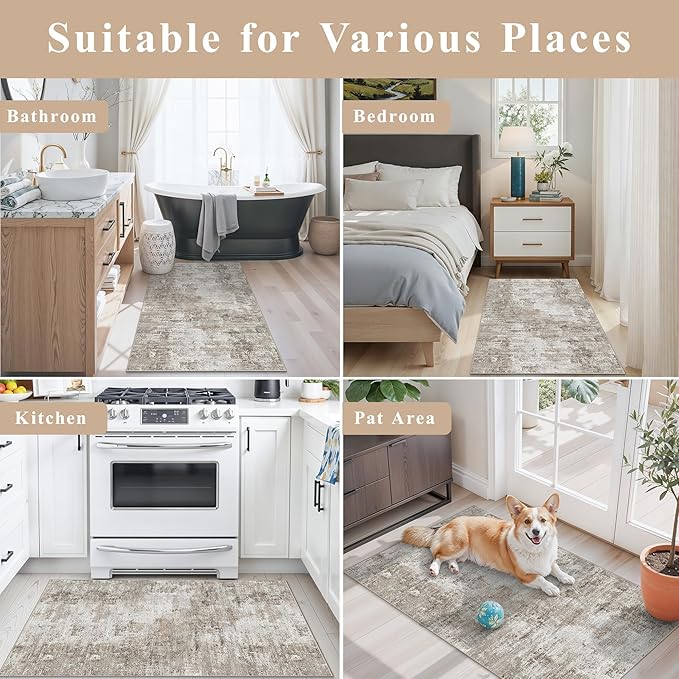 2x4 Washable Entryway Area Rug - Non-Slip Modern Small Indoor Mat for Bathroom,Living Room,Bedroom - Abstract Neutral Soft Low-Pile Throw Carpet with Rubber Backing (Beige Grey)