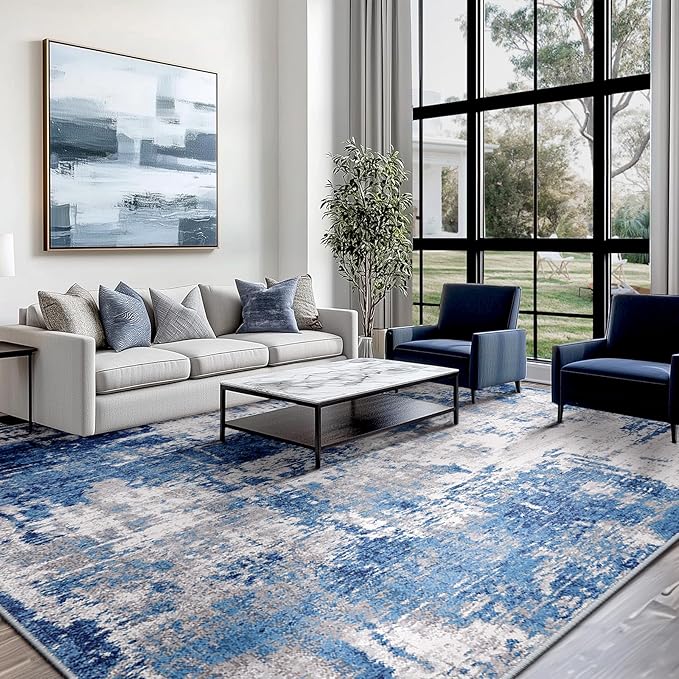 RELEANY Washable Area Rugs 8'x10' Non-Slip Modern Abstract Soft for Living Room Entryway Bedroom Nursery, Print Pattern, Blue Grey Navy Gray