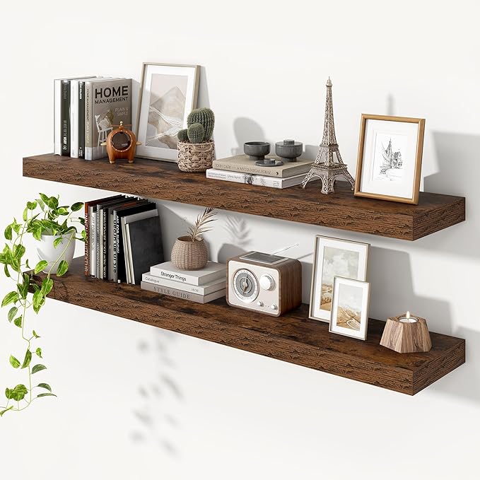 Heimlove Floating Shelves for Wall 55 Inch Long,Extra Large and Thick Wood Shelves Mounted Storage Hanging Shelf Invisible Bracket for Bedroom,Living Room,Kitchen,Office,Set of 2,Rustic Brown