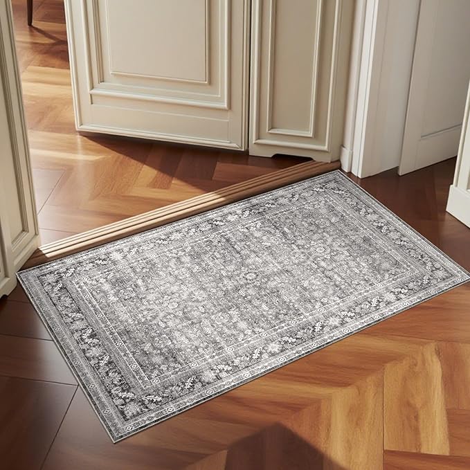OPPODREAM Vintage Grey 2x3 Washable Rug, 2 x 3 Retro Door Mat Indoor Entrance Non Slip, Low-Pile Faux Wool Throw Carpet, Distressed Gray Floor Mat for Kitchen, Hallway, Entry-Way, Back Door