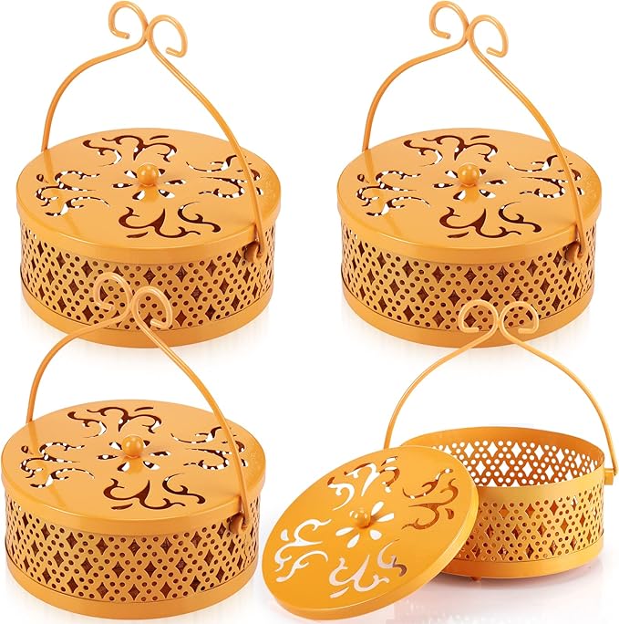 4 Pieces Mosquito Coil Holder Incense Coil Holder Round Retro Portable Metal Hanging Incense Burner with Handle for Home Camping Indoor Outdoor Patio(Yellow)