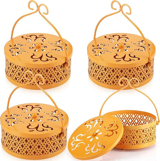 4 Pieces Mosquito Coil Holder Incense Coil Holder Round Retro Portable Metal Hanging Incense Burner with Handle for Home Camping Indoor Outdoor Patio(Yellow)