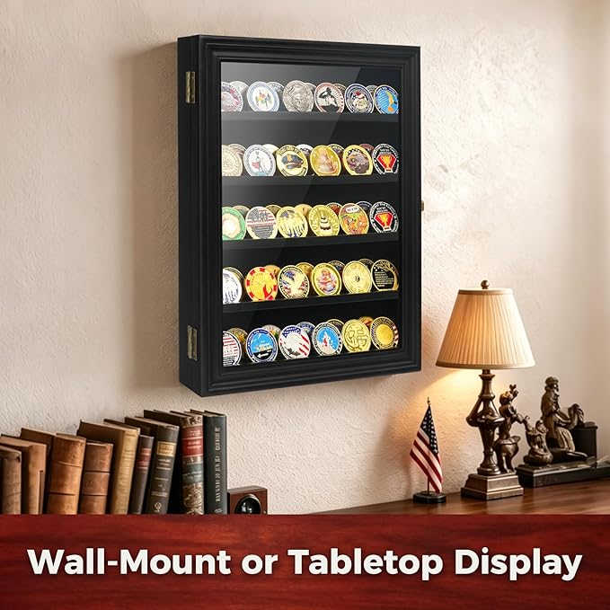 ASmileIndeep Military Challenge Coin Display Case Holder with HD Toughened Glass and Wall Mount, Wooden Coin Stand Rack with Removable 2 Grooves Shelves for Poker Chips Collectibles, Black…