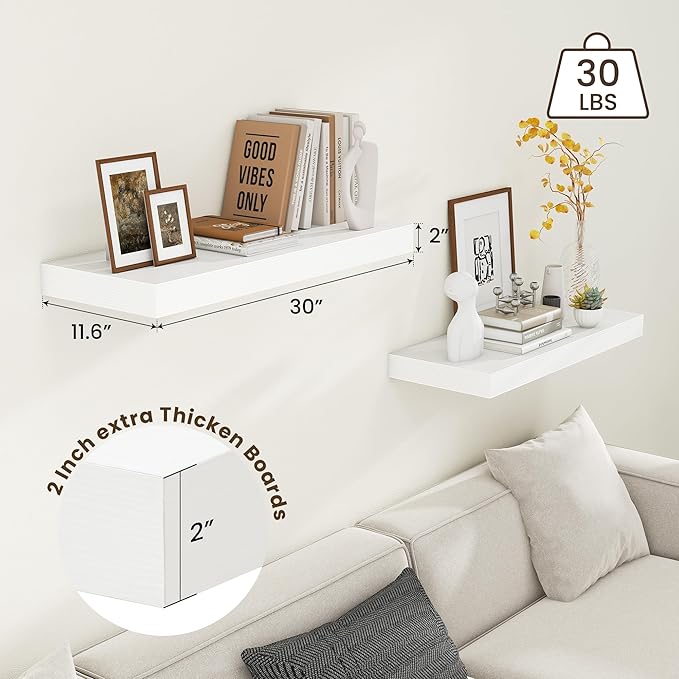 FLYJOE 30 Inch Floating Shelves | 12 Inch Deep White Floating Shelves Set of 2 | 30" W x 12" D Rustic Wood Shelves for Wall | Deep White Shelves for Living Room Bathroom Laundry Room Kitchen