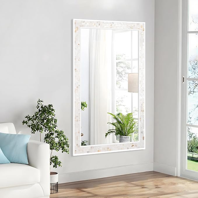 Tanmicoshomy 30 x 48 Inch White Bathroom Mirror, Natural Shell Framed Rectangular Mirrors for Bedroom, Living Room or Entryway, Wall Mounted Horizontal or Vertical Hanging