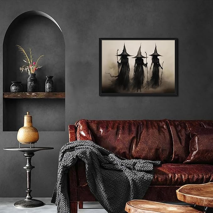 Framed Vintage Witch Canvas Wall Art - Halloween Witchy Wall Decor - Gothic Decor Aesthetics, Creepy Three Witches Rustic Macabre Dark Artwork Prints for Living Room Bedroom 12x16 inch