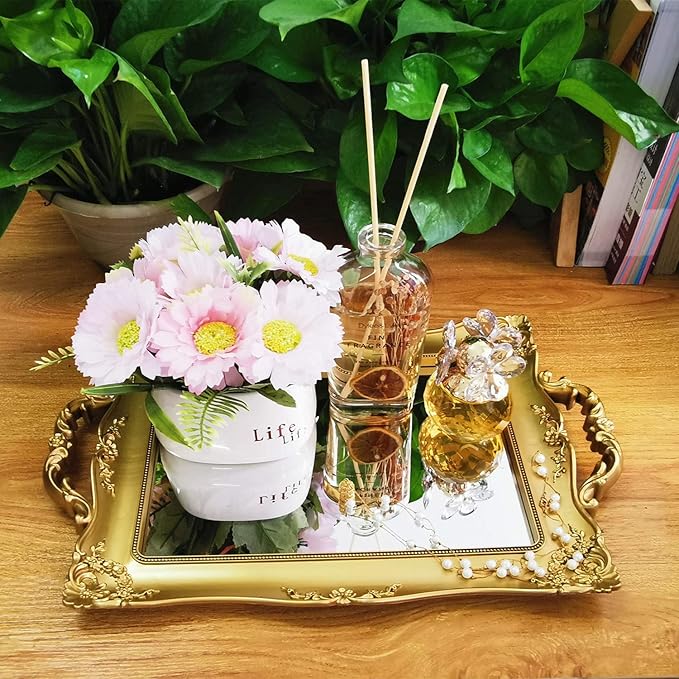Rectangle Decorative Mirror Tray, French Style, Makeup Organizer, Jewelry Organizer, Serving Tray, 9.5"x 14.9", Gold