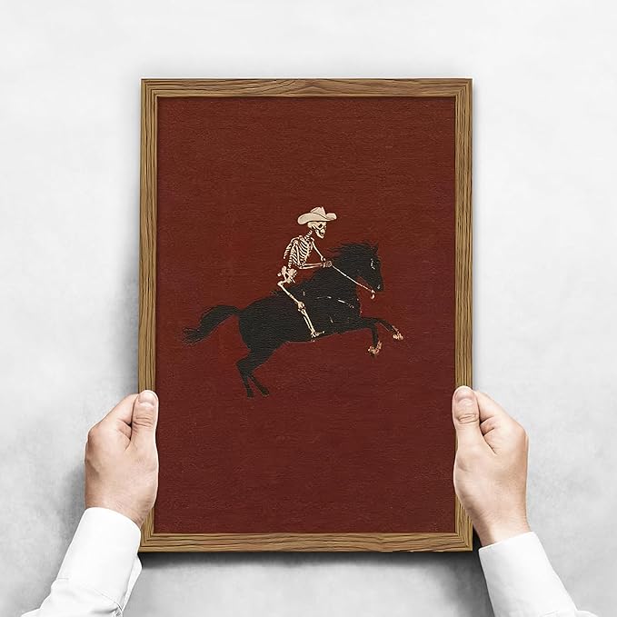 Framed Western Cowboy Wall Art, Gothic Skull Horse Riding Canvas Wall Decor Painting, Vintage Southwestern Cowboy Posters Prints Pictures for Living Room Bedroom 16x24 Inch
