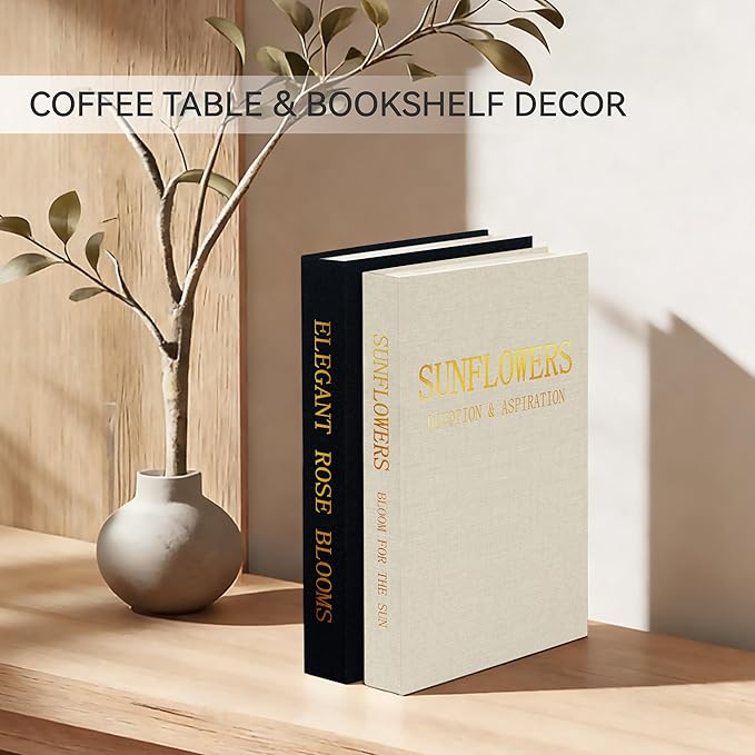 Premium Linen Decorative Book Box Set of 2 - Letter Gold Foil Embossed with Hidden Storage | Coffee Table, Bookshelf & Mantel Decor & Keepsake Organizer to Elevate Home Aesthetic, Black