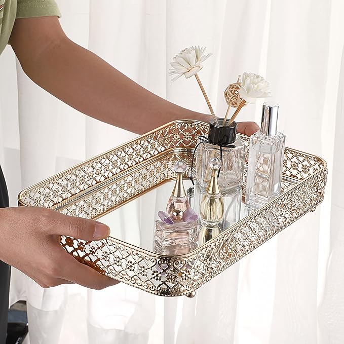 ELLDOO Perfume & Makeup Vanity Tray - Hollow-Carved Jewelry Storage, Glass & Metal Trinket Organizer for Dresser & Bathroom Countertop, Gold, Medium Size