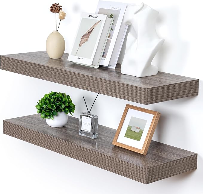 FLYJOE Deep Floating Shelves | 36 Inch Grey Floating Shelves Set of 2 | 12 Inch Deep Rustic Wood Shelves for Wall | 36" W x 12" D Grey Shelves for Living Room Bathroom Laundry Room Kitchen