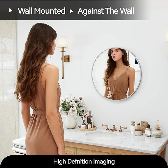 SCWF-GZ 20" Round Mirror Circle Wall Mounted Hanging or Against Wall Metal Frame Dressing Make-up Mirrors for Entryway Bedroom Bathroom Living Room 20 inch Silver