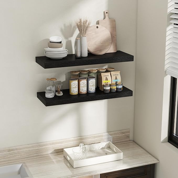 Fun Memories 36 Inch Black Floating Shelves for Wall, 12 Inch Deep Shelves for Bathroom|Kitchen|Bedroom, Wall Mounted Rustic Wood Floating Shelf with Invisible Brackets for Books|Storage|Decor, 2 Pack