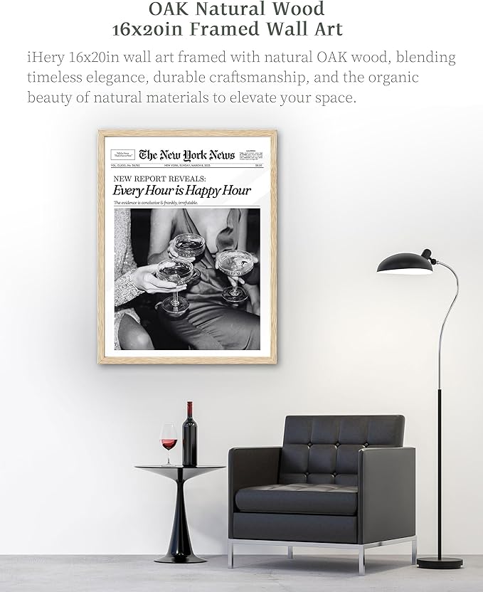 iHery Every Hour is Happy Hour Framed Trendy NewsPaper Wall Art, Natural OAK Wood Large 16x20in Canvas Wall Decor For Bedroom, Retro New York News Prints for Girl Dorm Living Room Home 1Pack