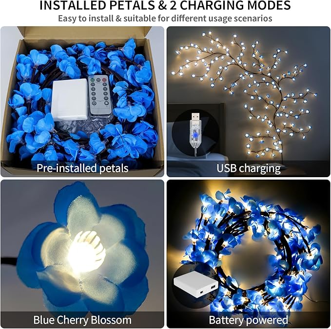 FNHMSL Cherry Enchanted Willow Vine Lights, 7.55FT 144LED Blue Cherry Blossom Tree Branch Lights for Wall, Remote Timer,8 Light Model,Bedroom Wall Doors Wedding, Christmas, USB Battery Box