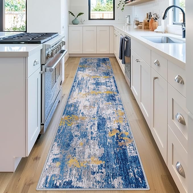 RELEANY Washable Area Rugs 2'x8' Non-Slip Modern Abstract Soft for Living Room Entryway Bedroom Nursery, Print Pattern, Grey Blue Gold/Golden