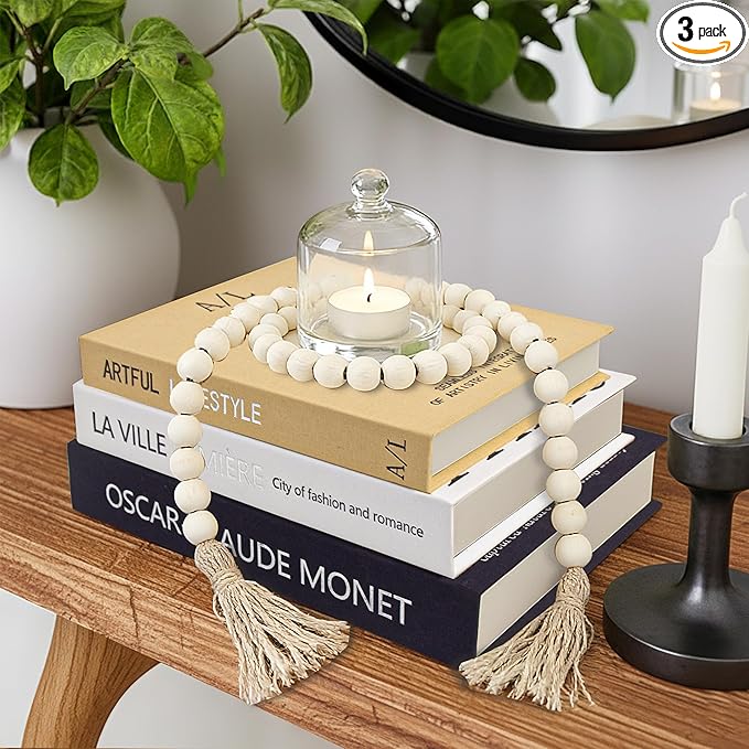 Aesthetic Decorative Books for Home Decor w. Wood Bead - Set of 3 Linen Fake Books for Decoration, Coffee Table Book Box Decor for Mantle/Bookshelf/Farmhouse/Entryway/Nightstand