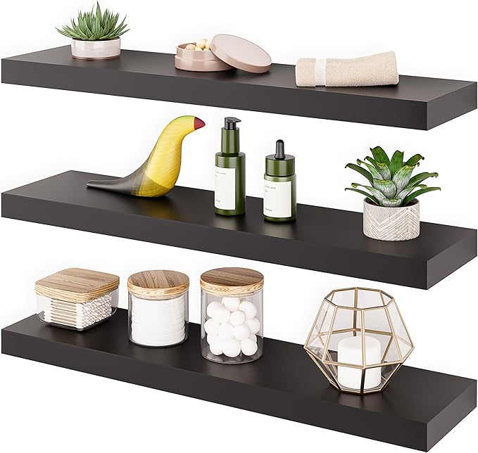 Ballucci Floating Shelves for Wall, 24" Wood Wall Mount Shelf Set of 3, Invisible Brackets Floating Shelf for Decor Living Room, Bathroom, Bedroom, Kitchen, 6" Depth, Black