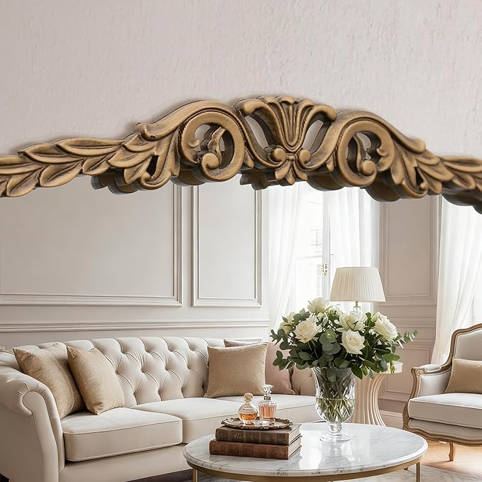 Besdomus Gold Large Fireplace Mirror: 48"x 33" Baroque Vintage Mirror - Traditional Ornate Antique Arched Mirrors for Bathroom/Wall/Vanity/Mantel/Bedroom/Entryway/Hallway - Home Decor for Living Room