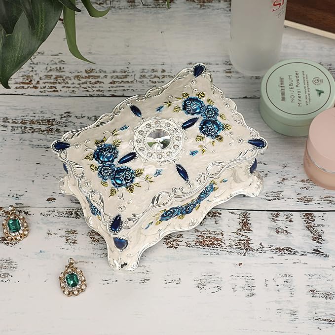 Hipiwe Vintage Metal Jewelry Box Trinket Organizer Box Jewelry Organizer for Women Jewelry Display Home Decor Unique Gift Silvery Medium
