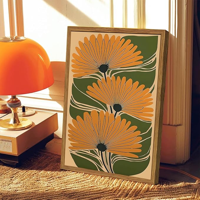 Framed Boho Floral Canvas Wall Art, Vintage Flower Pictures Wall Decor, Abstract Botanical Paintings Prints Maximalist Home Decor for living Room Bedroom Office 12x16 inch