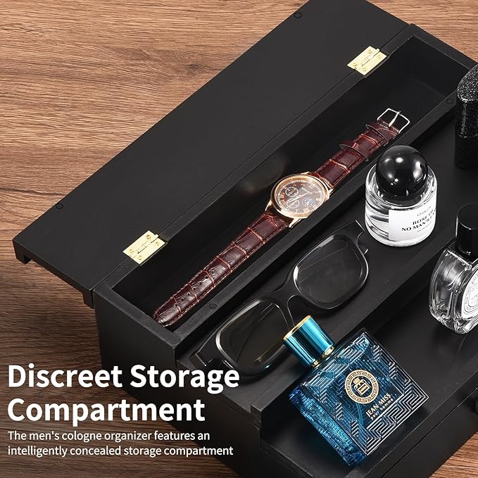 Perfume Organizer for Men, 3 Tier Wood Perfume Display Stand with Velvet Lining Drawer and Hidden Compartment for Watch,Jewelry,Perfume Display Risers,A Gift for Men (Black)