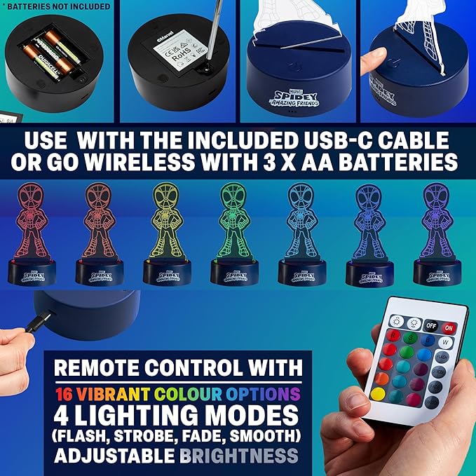 Get Trend Marvel Spidey 3D Illusion Night Light for Kids, 16 Colors, 4 Lighting Modes, Dimmable, LED Desk Lamp with Remote Control, Bedroom Decor, Gifts for Boys, Girls (Multi Spidey)