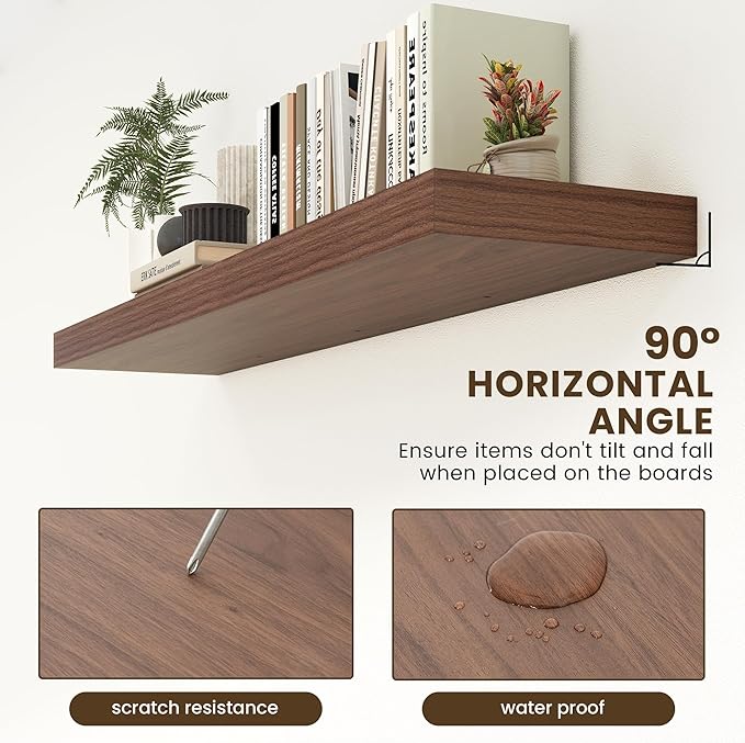 FLYJOE 12 Inch Deep Floating Shelves | 55 Inch Walnut Floating Shelves | 55" W x 12" D Rustic Wood Shelves for Wall | Deep Walnut Shelves for Living Room Bathroom Laundry Room Kitchen