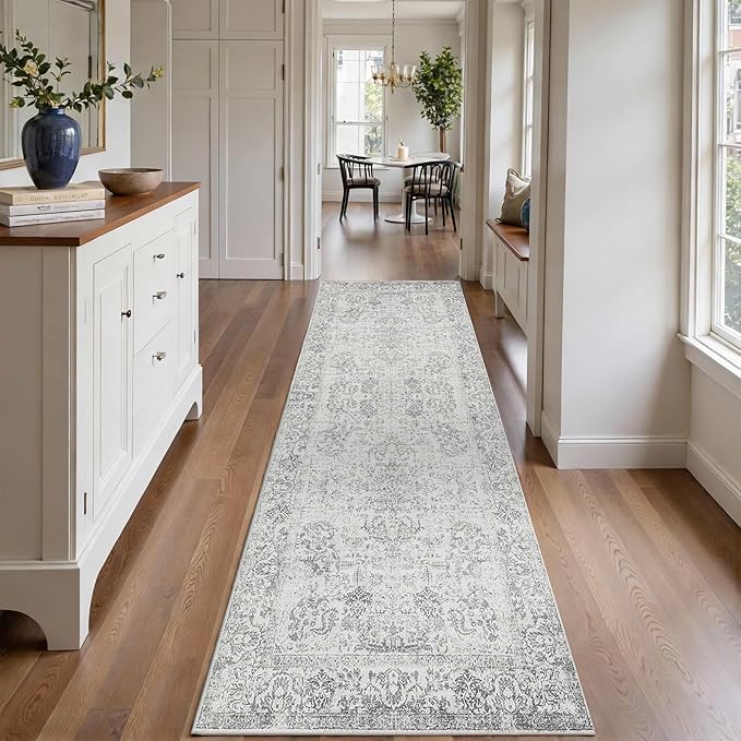 Rugxara 2x6 Hallway Runner Rug, Non Slip Boho Runner Rugs for Hallway, Kitchen, Entrance, Bathroom, Laundry Room, Soft Ultra-Thin Entryway Carpet, Throw Low Pile Retro Imitation Wool Carpet, Grey