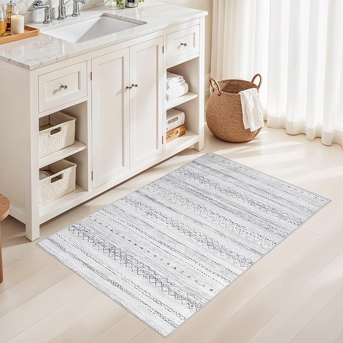 cotiled 3x5 Area Rug Living Room: Washable Boho Rugs with Non Slip Backing Small Soft Indoor Stain Resistant Carpet for Bedroom Farmhouse Dining Room Lightweight Home Decor Grey