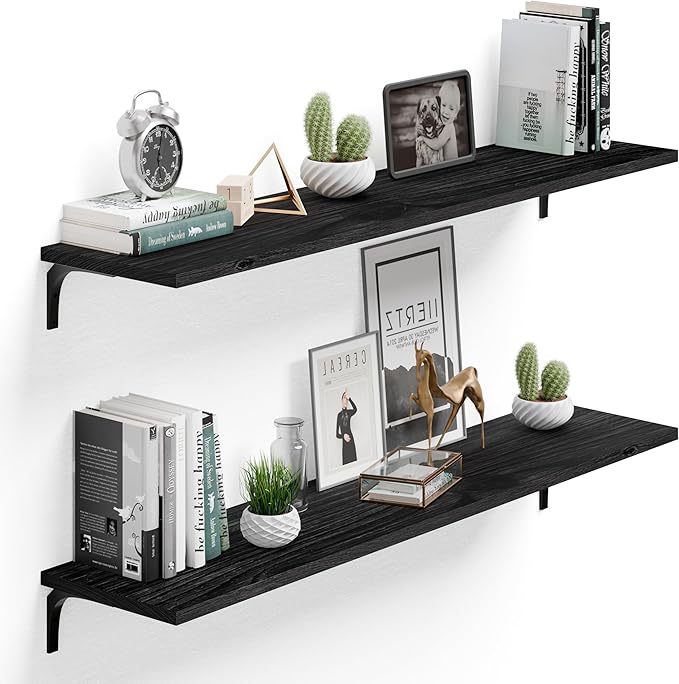 12 Inch Deep Floating Shelves Set of 2, 48 Inch Wide Black Solid Wood Wall Shelves, 100 lbs Heavy Duty Farmhouse Wall Mounted Shelving for Kitchen, Living Room & Bedroom
