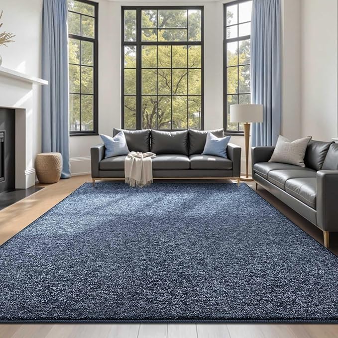 FinRèc 7x10 Washable Area Rugs for Bedroom Living Room, Low Pile Thin Rug Solid Color, Non-Slip Carpet Indoor for Home Decor (Navy Blue/White)