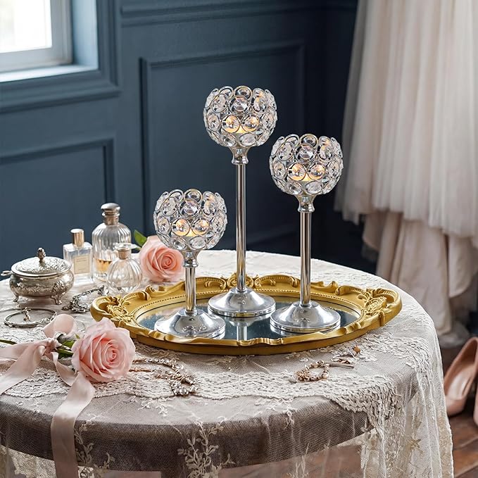 Set of 3 Silver Crystal Metal Tealight Candlestick, Bling Bowl Candelabras, Tall Votive Candle Holders Elegant Candle Centerpiece for Dining Table Wedding Decor