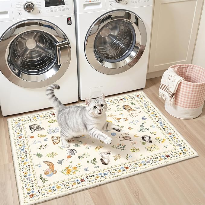 Soalmost 2x3 Cat Rugs for Entryway, Machine Washable Door Mat Animal Floral Small Area Rug Non-Slip Low Pile Soft Throw Rugs for Entrance Kitchen Indoor Front Door Kids Room (2 x 3,Beige)