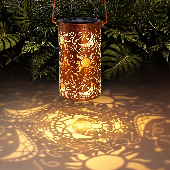 DIBIEECN Mothers Day Gifts for Mom, Birthday Gifts Grandma Ladies Solar Lanterns Outdoor Hanging Hollowed-Out Metal Waterproof LED Garden Decor Outside for Patio Yard Porch, Sun and Moon, 1 Pack