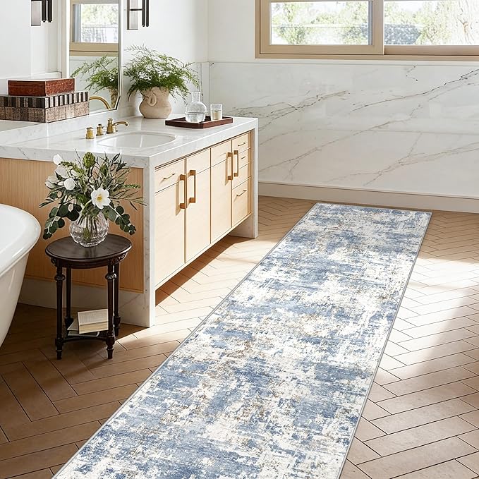 XLUEZ 2.6x8 Runner Rug for Hallway, Washable Modern Abstract Runner Rugs Neutral Soft Non Slip Kids Rug Stain Resistant Indoor Runners for Entryway Bedroom Kitchen Laundry Room(Blue, 2'6''x8')