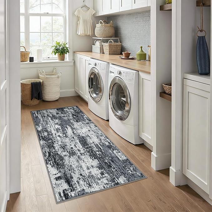 RELEANY Washable Area Rugs 3x6 Non-Slip Modern Abstract Soft for Living Room Entryway Bedroom Nursery, Print Pattern, Black Navy Blue Gray