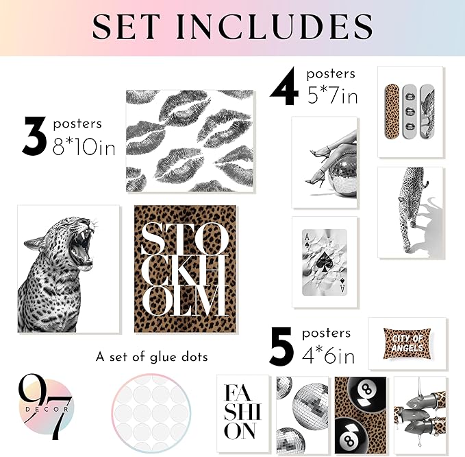 97 Decor 12 Pcs Trendy Leopard Wall Art - Cheetah Wall Decor For Bedroom, Stockholm Posters For Room Aesthetic, Funky Preppy Art Prints Cute Pictures For College Girls Dorm Decorations (Unframed)