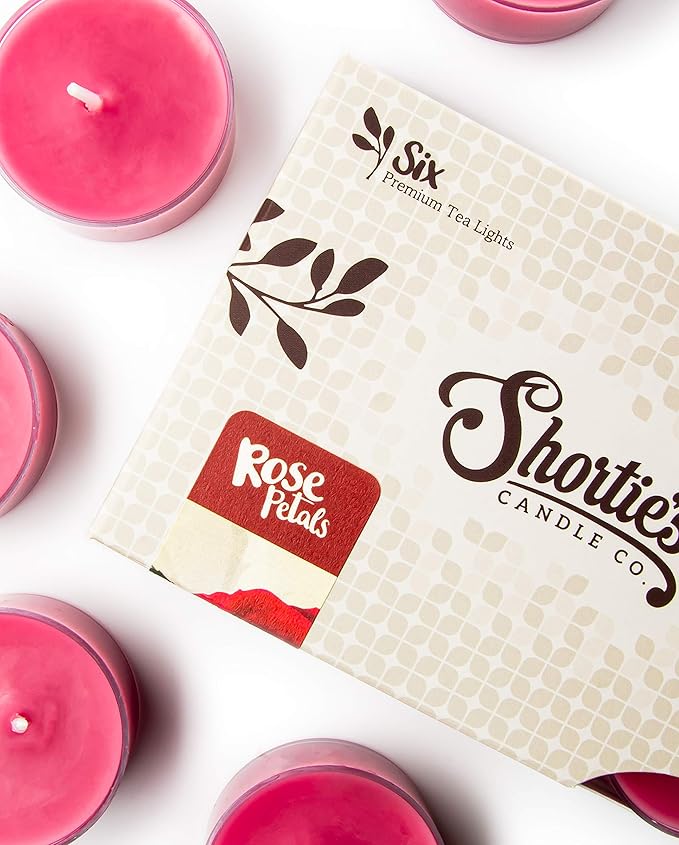 Shortie's Candle Company Rose Petals Premium Tealight Candles - Highly Scented with Essential Oils - 6 Pink Tea Lights - Beautiful Candlelight - Made in the USA - Flower & Floral Collection
