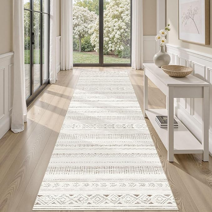 cotiled Hallway 2.6x10 Runner Rugs: Washable Boho Rugs with Non Slip Backing Large Soft Indoor Stain Resistant Carpet for Living Room Bedroom Farmhouse Dining Room Lightweight Home Decor L Brown/Cream