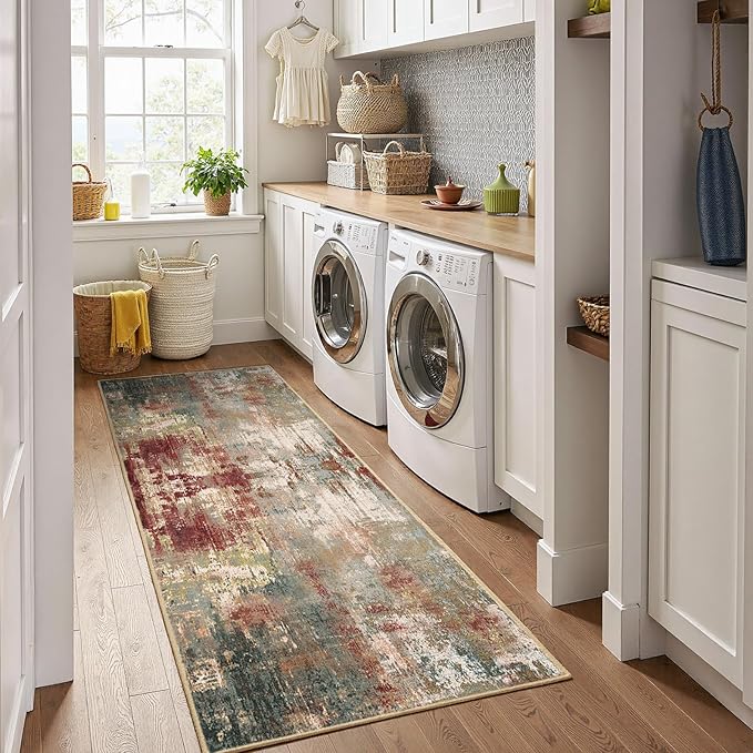 RELEANY Washable Area Rugs 2'x8' Non-Slip Modern Abstract Soft for Living Room Entryway Bedroom Nursery, Print Pattern, Brown Rust Red Green Blue Multi