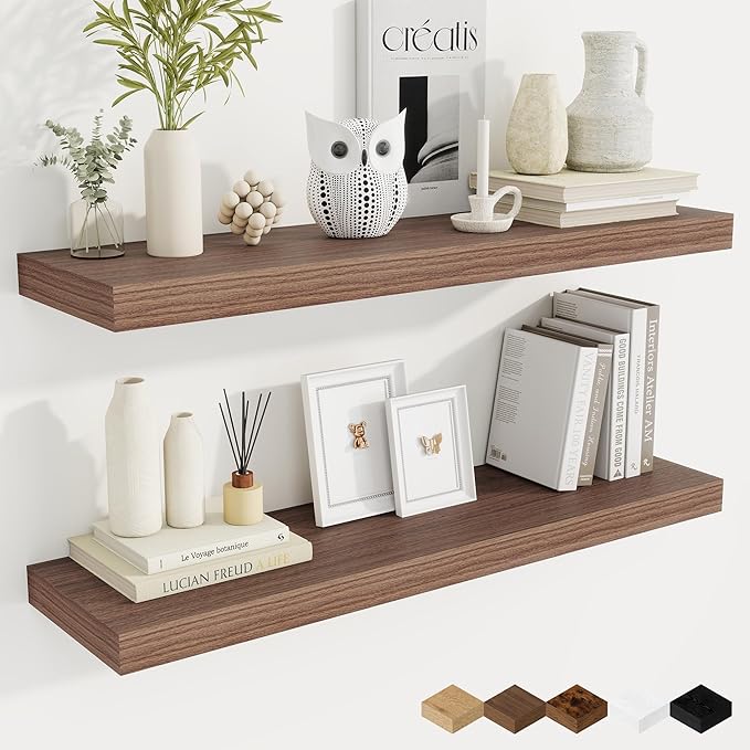 Fun Memories 36 Inch Floating Shelves, 9.3 Inch Deep Rustic Wall Shelves - Extra Deeper Wall Mounted Storage Shelves for Bathroom, Kitchen, Living Room (Walnut, Set of 2)