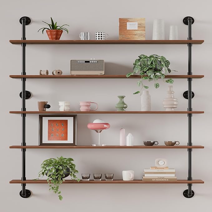 HDDFER Floating Shelves for Wall Bookshelf Industrial Pipe Shelving Shelves 48 Inch 5 Tier Natural Wood Planks Rustic Wall Shelves Hanging Bookshelves Farmhouse Kitchen Shelving