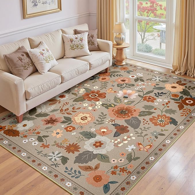 RELEANY Floral Nursery 6x9 Area Rugs Washable Print Boho Cute Carpet Non Slip Flower Low Pile for Living Room Kids Girls Playroom Bedroom Kitchen Office Farmhouse-Brown/Brick